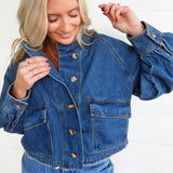Ballon Sleeve Twill Jacket Drawstring Waist In Denim - Infinity Raine