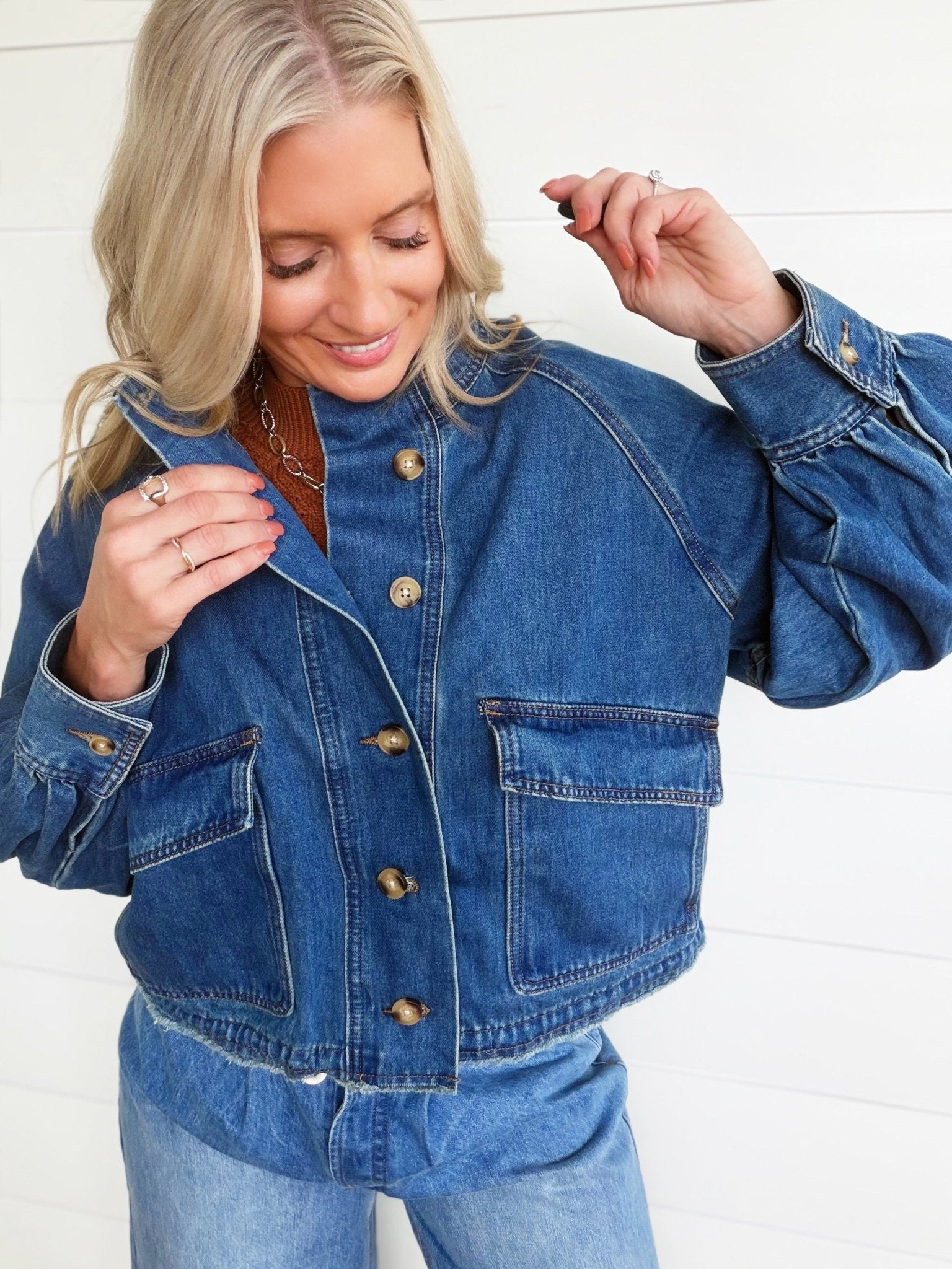 Ballon Sleeve Twill Jacket Drawstring Waist In Denim - Infinity Raine