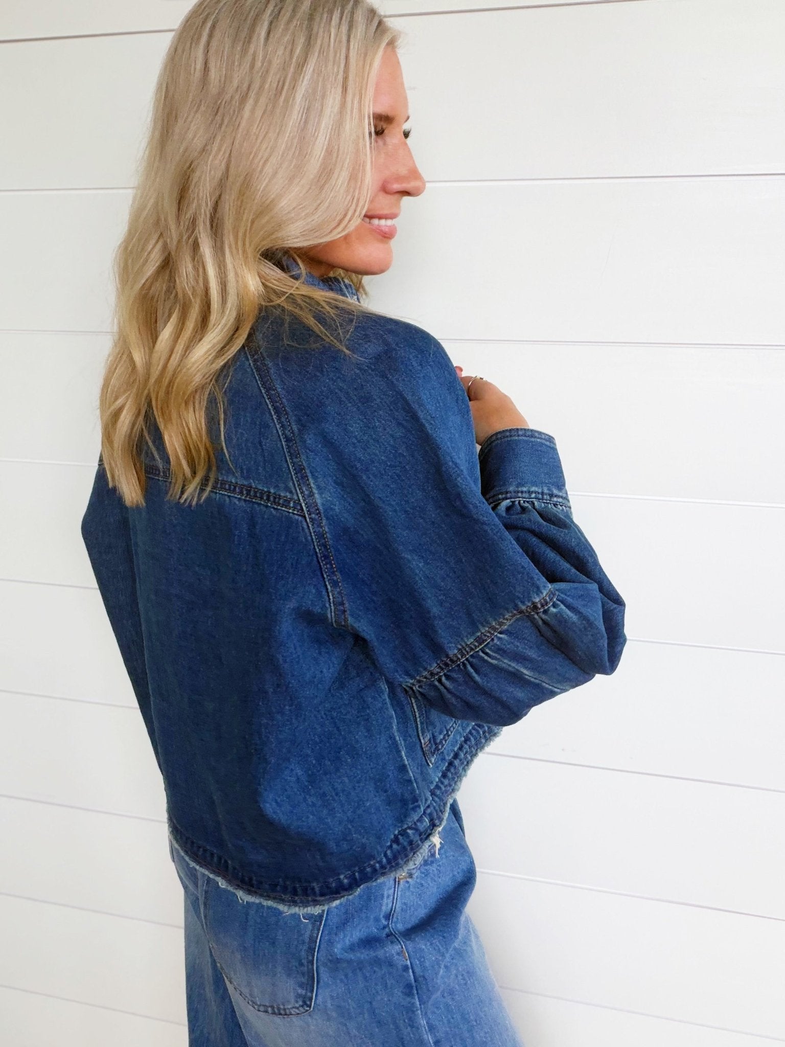 Ballon Sleeve Twill Jacket Drawstring Waist In Denim - Infinity Raine