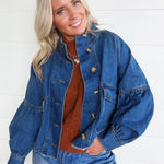 Ballon Sleeve Twill Jacket Drawstring Waist In Denim - Infinity Raine