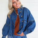 Ballon Sleeve Twill Jacket Drawstring Waist In Denim - Infinity Raine