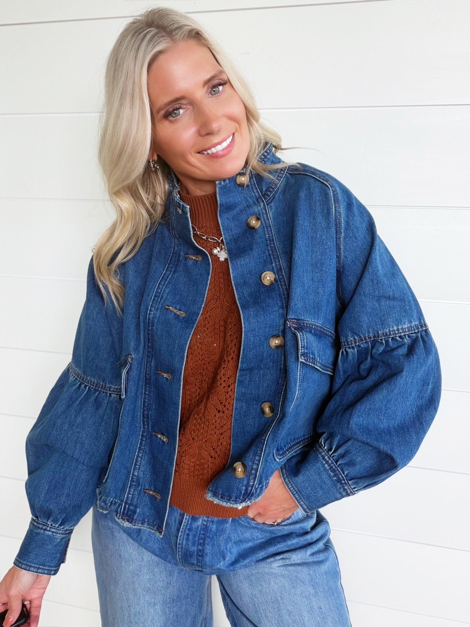 Ballon Sleeve Twill Jacket Drawstring Waist In Denim - Infinity Raine