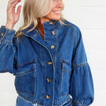 Ballon Sleeve Twill Jacket Drawstring Waist In Denim - Infinity Raine