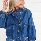 Ballon Sleeve Twill Jacket Drawstring Waist In Denim - Infinity Raine