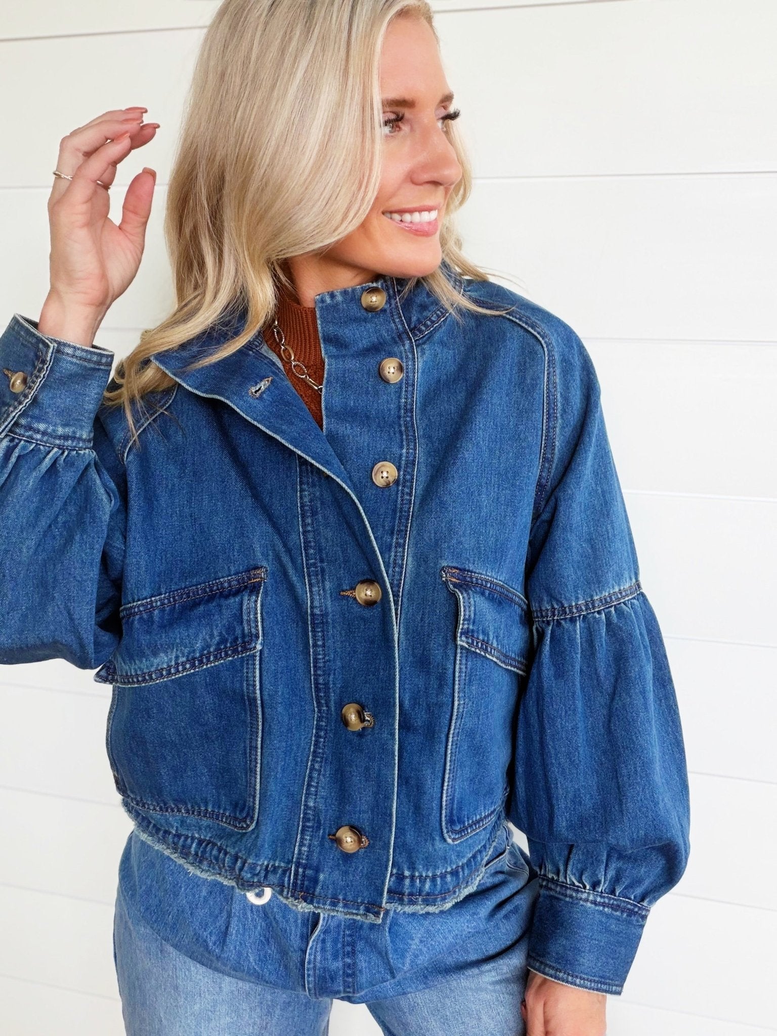 Ballon Sleeve Twill Jacket Drawstring Waist In Denim - Infinity Raine