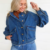 Ballon Sleeve Twill Jacket Drawstring Waist In Denim - Infinity Raine