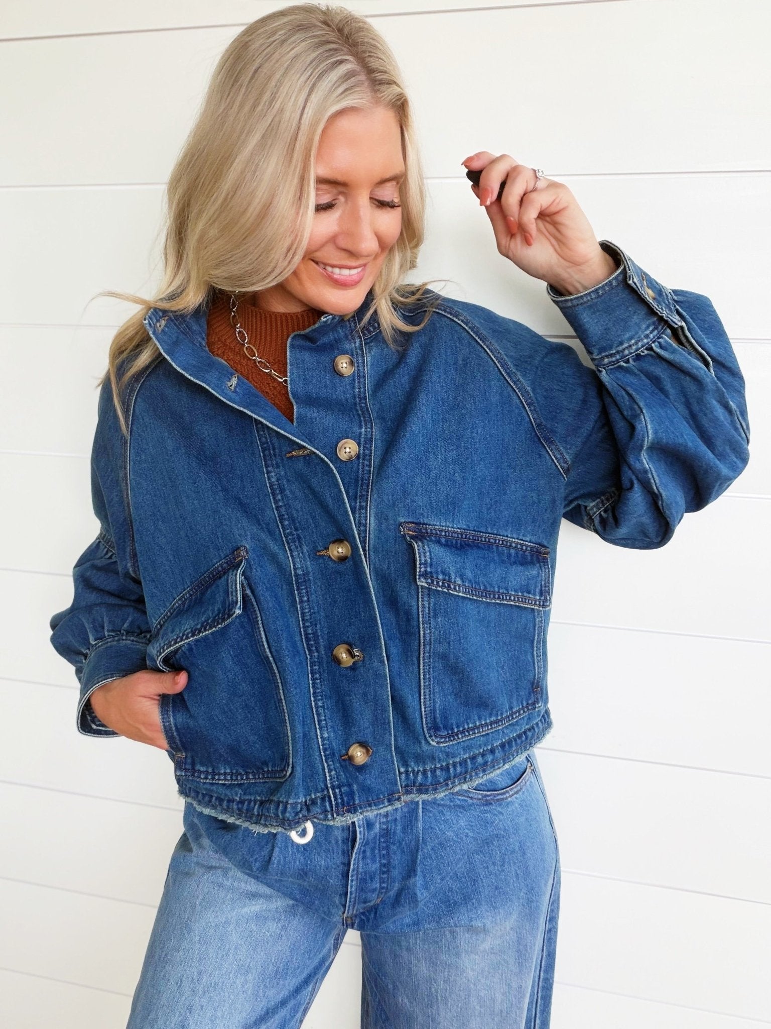 Ballon Sleeve Twill Jacket Drawstring Waist In Denim - Infinity Raine