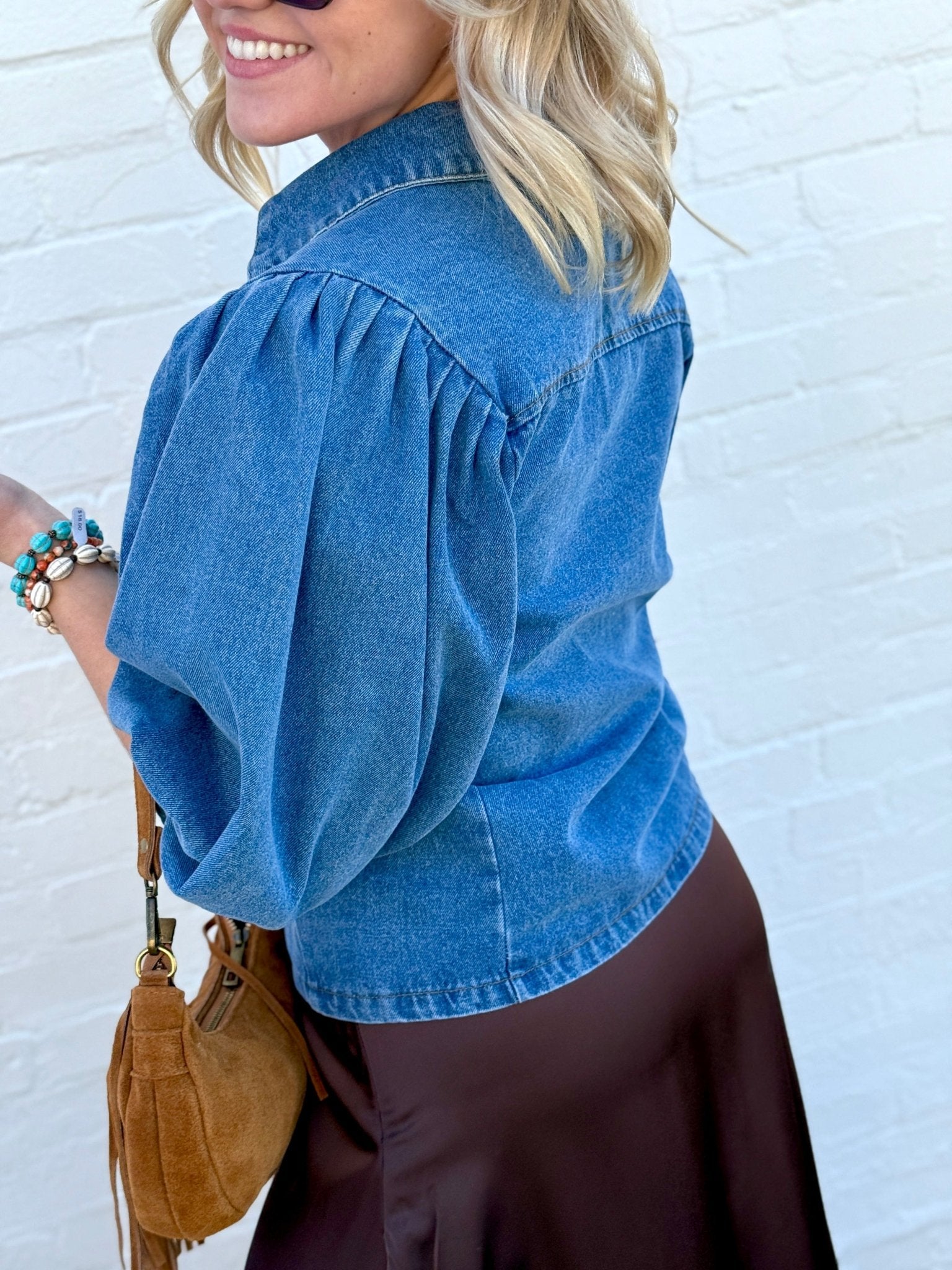 Balloon Sleeve Denim Shirt In Medium - Infinity Raine