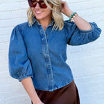 Balloon Sleeve Denim Shirt In Medium - Infinity Raine