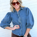 Balloon Sleeve Denim Shirt In Medium - Infinity Raine
