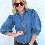 Balloon Sleeve Denim Shirt In Medium - Infinity Raine