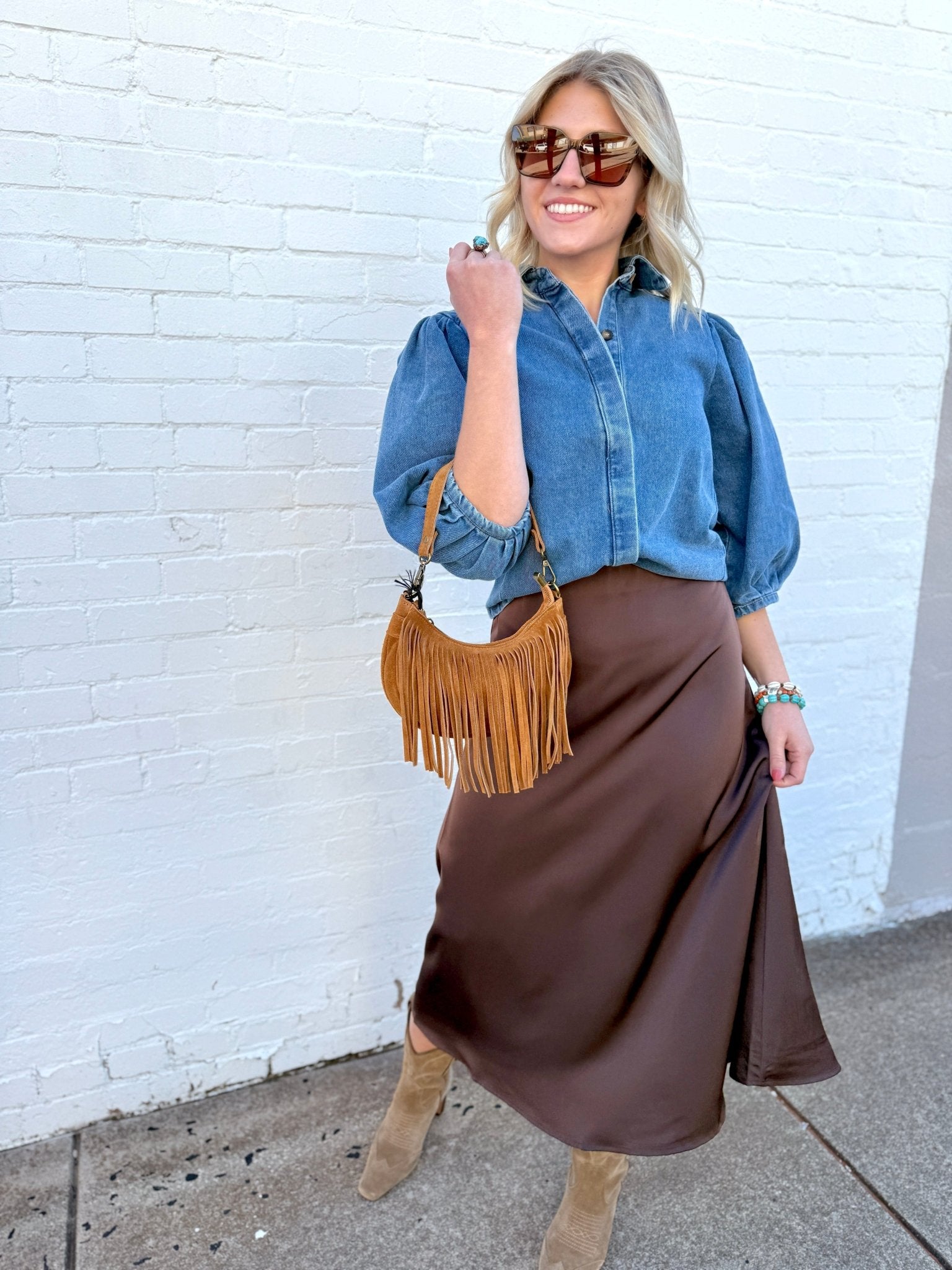 Balloon Sleeve Denim Shirt In Medium - Infinity Raine