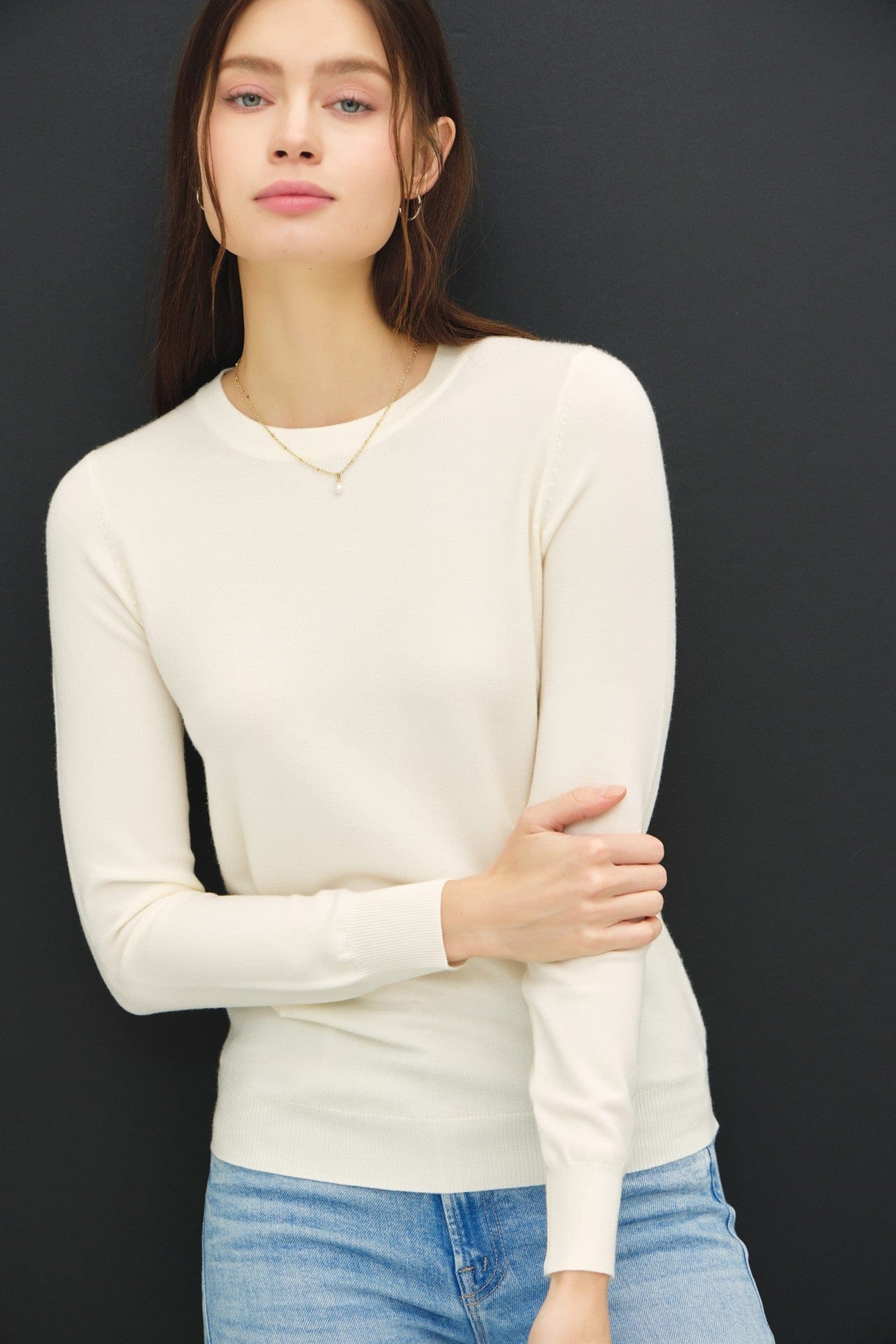 Basic Crewneck Soft Knit Sweater In Off White - Infinity Raine