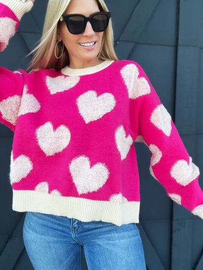 Embroidered Heart Pattern Sweater-Fuchsia - Infinity Raine