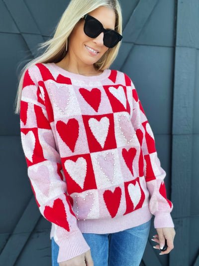 Heart Check Pearl Sweater-Red/Pink - Infinity Raine