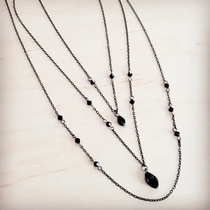 Black Crystal Layered Lariat Necklace - Infinity Raine