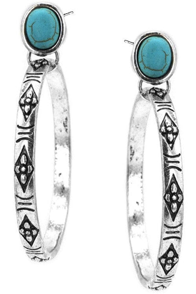 Western Concho Aztec Texture Gemstone Hoops-Turquoise - Infinity Raine