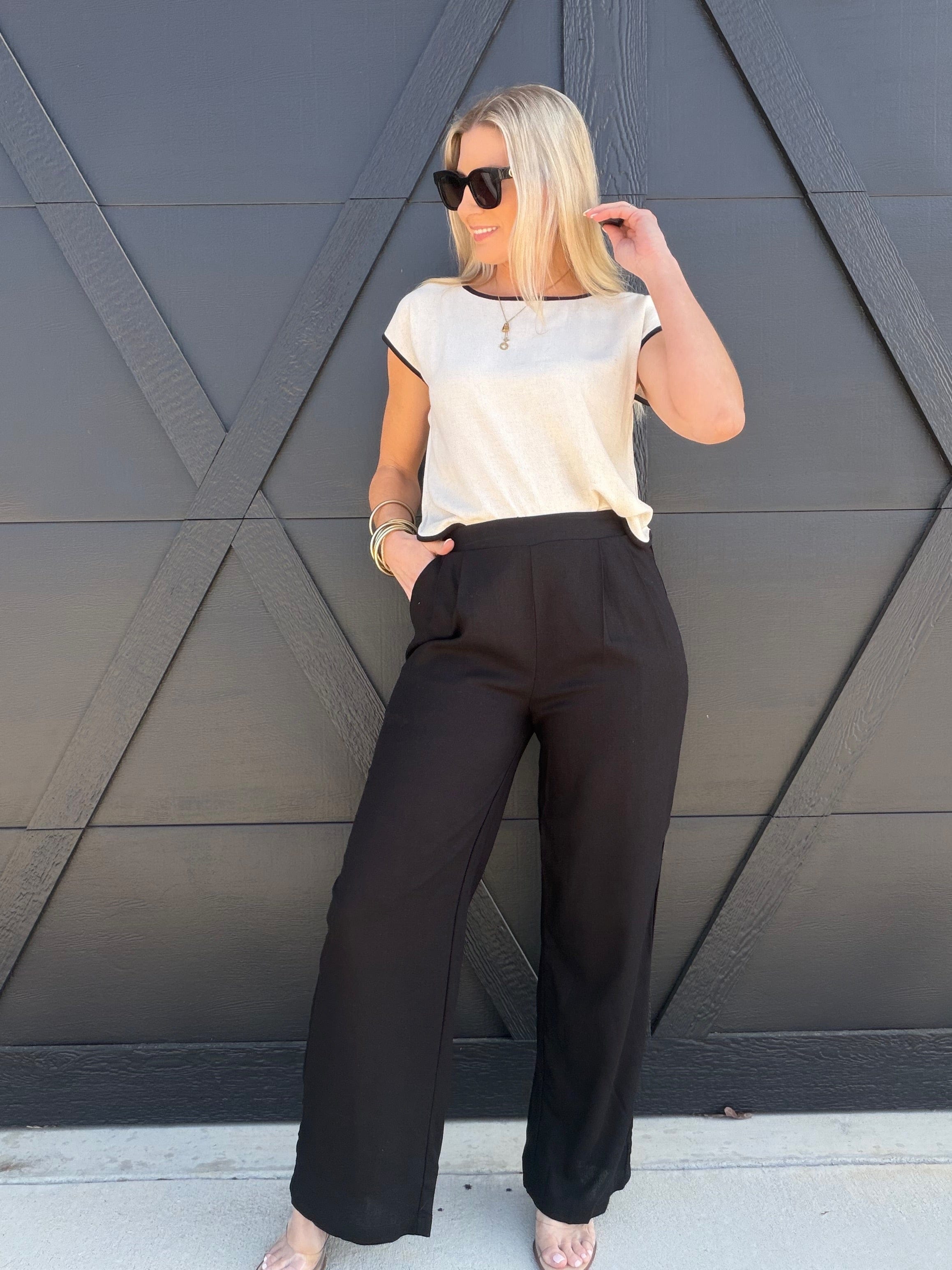 blu pepper Bottoms - Pants High Waist Front Pleat Linen Pants In Black