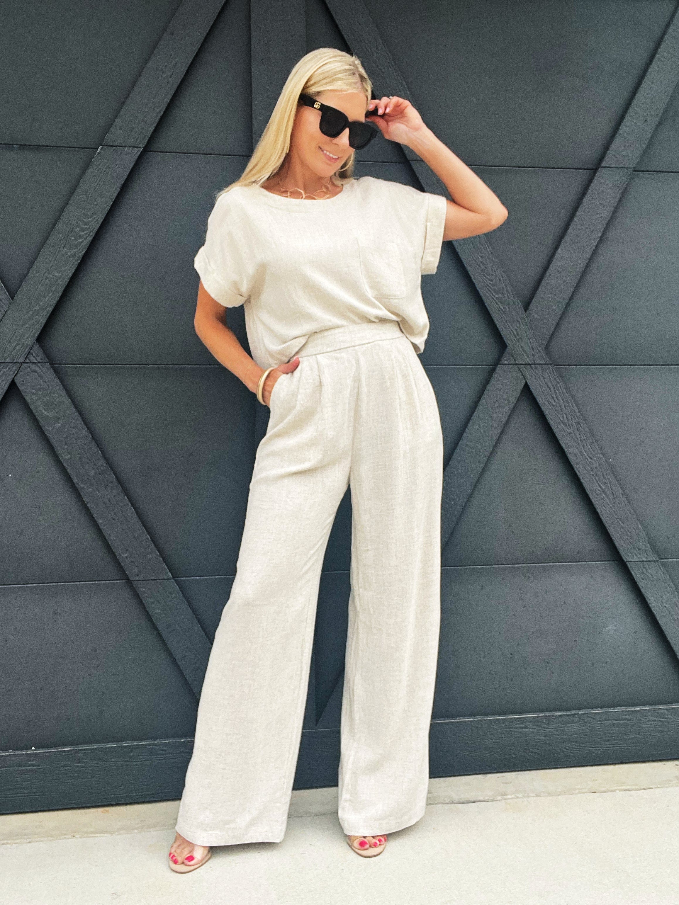 High Waisted Pleated Linen Pants In Oatmeal - Infinity Raine