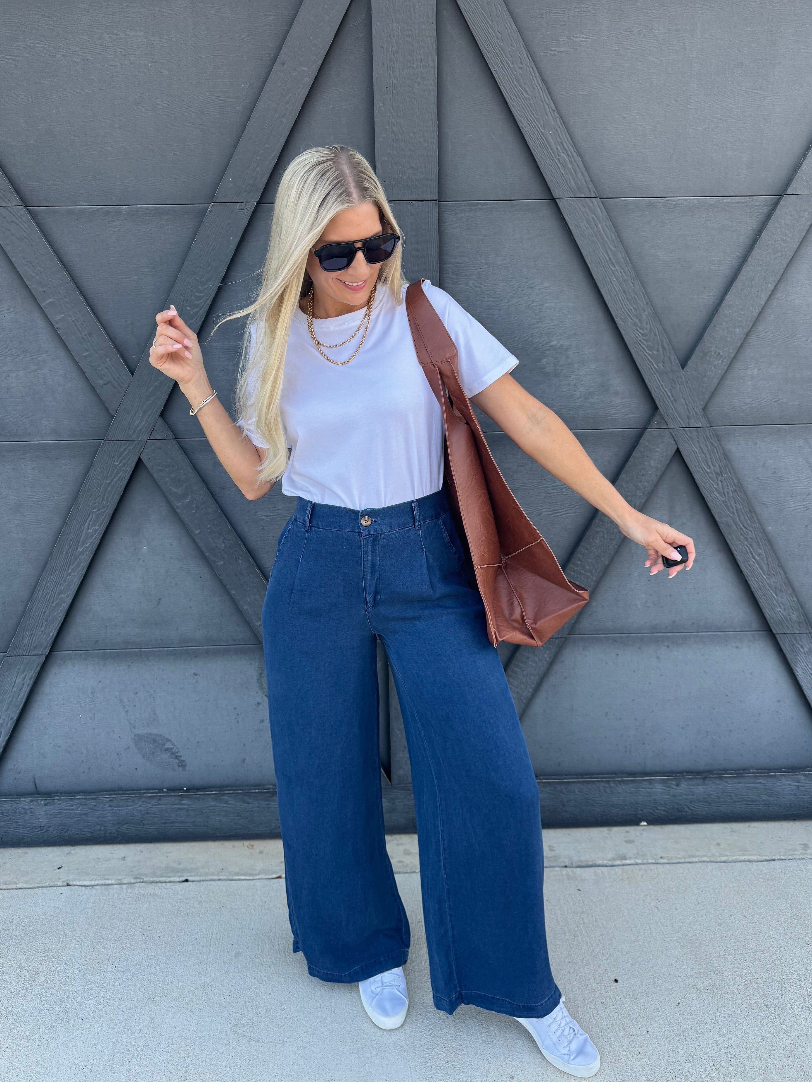 Pintuck Wide Leg Pants In Chambray - Infinity Raine