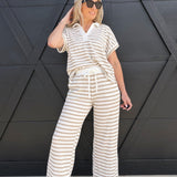blu pepper Bottoms - Pants Stripe Drawstring Scrunch Knit Pants In Khaki
