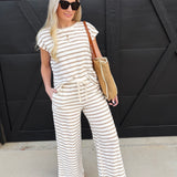 blu pepper Bottoms - Pants Stripe Drawstring Wide Leg Knit Lounge Pants In Khaki