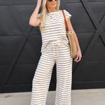 blu pepper Bottoms - Pants Stripe Drawstring Wide Leg Knit Lounge Pants In Khaki