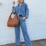 blu pepper Bottoms - Pants Washed Elastic Waist Wide Leg Pants In Chambray