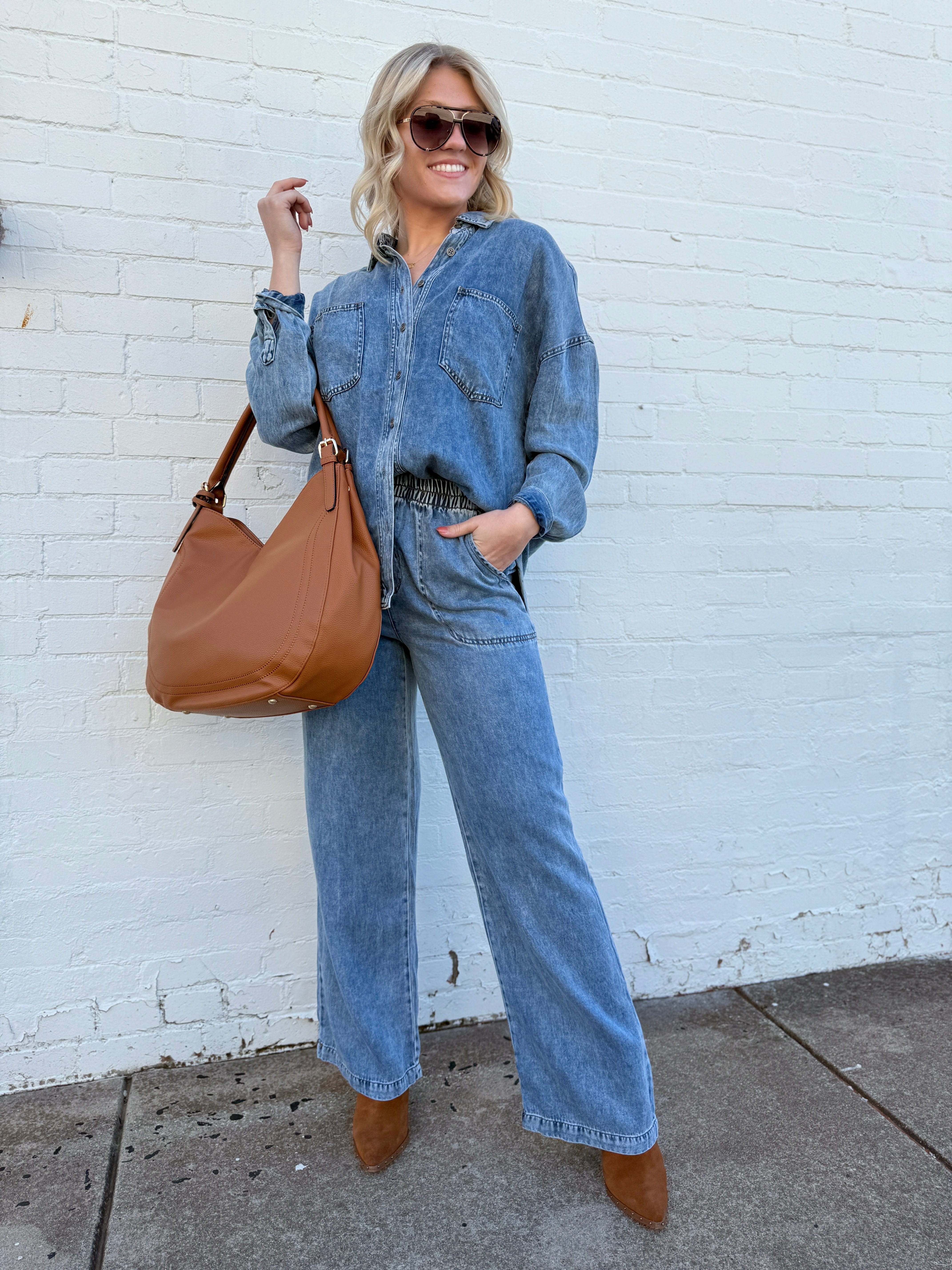 Washed Elastic Waist Wide Leg Pants In Chambray - Infinity Raine