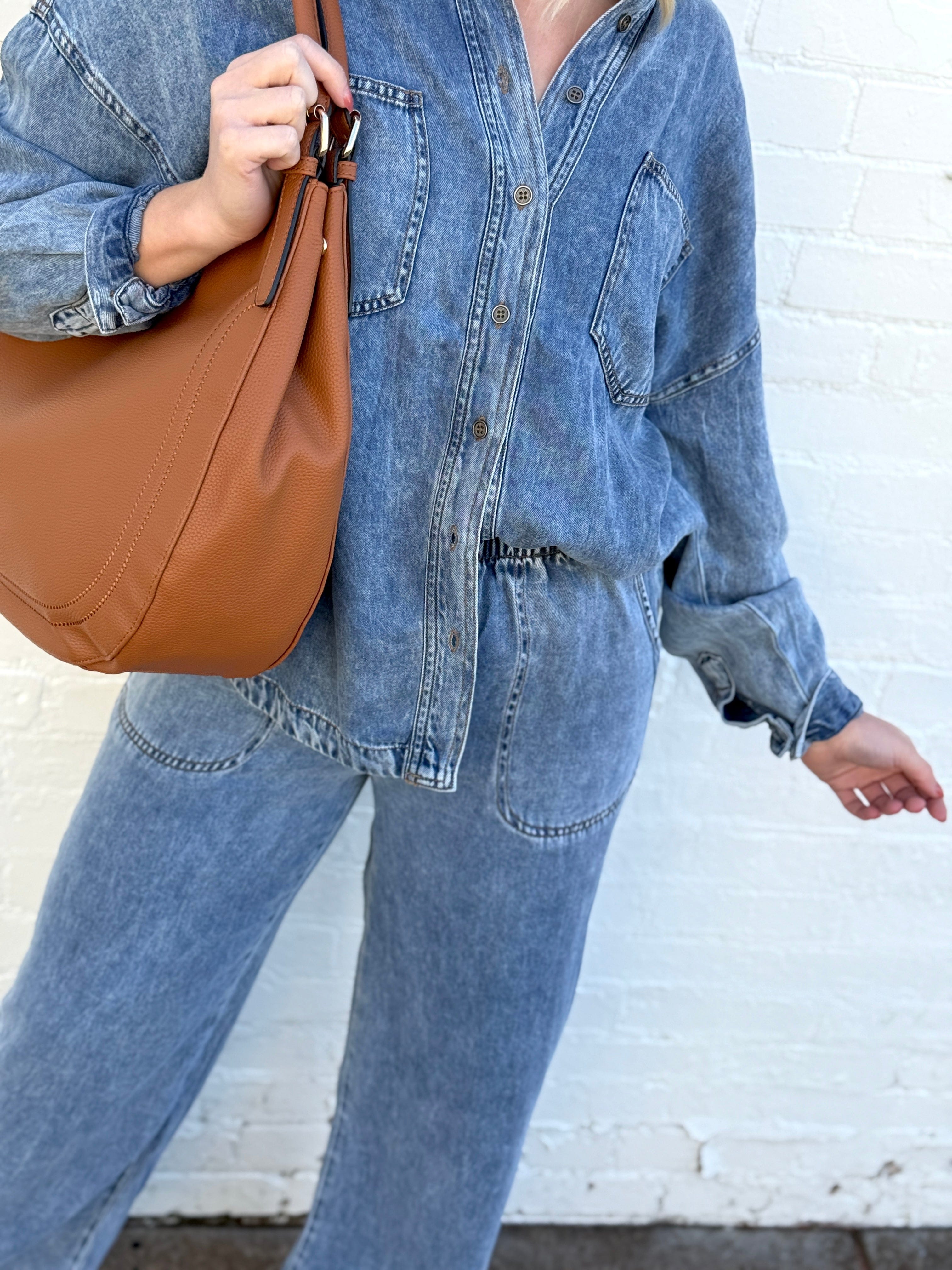 blu pepper Bottoms - Pants Washed Elastic Waist Wide Leg Pants In Chambray