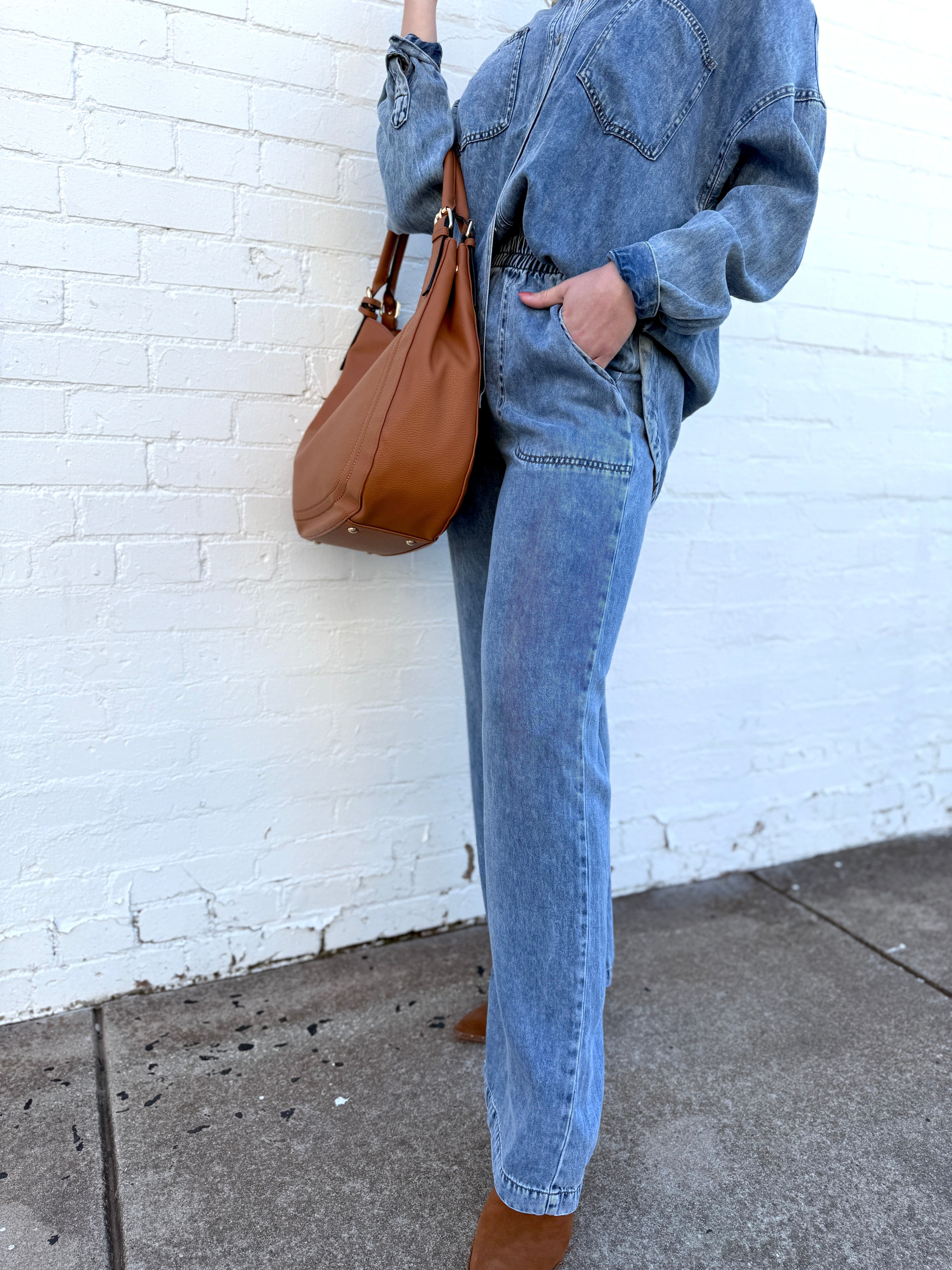 blu pepper Bottoms - Pants Washed Elastic Waist Wide Leg Pants In Chambray