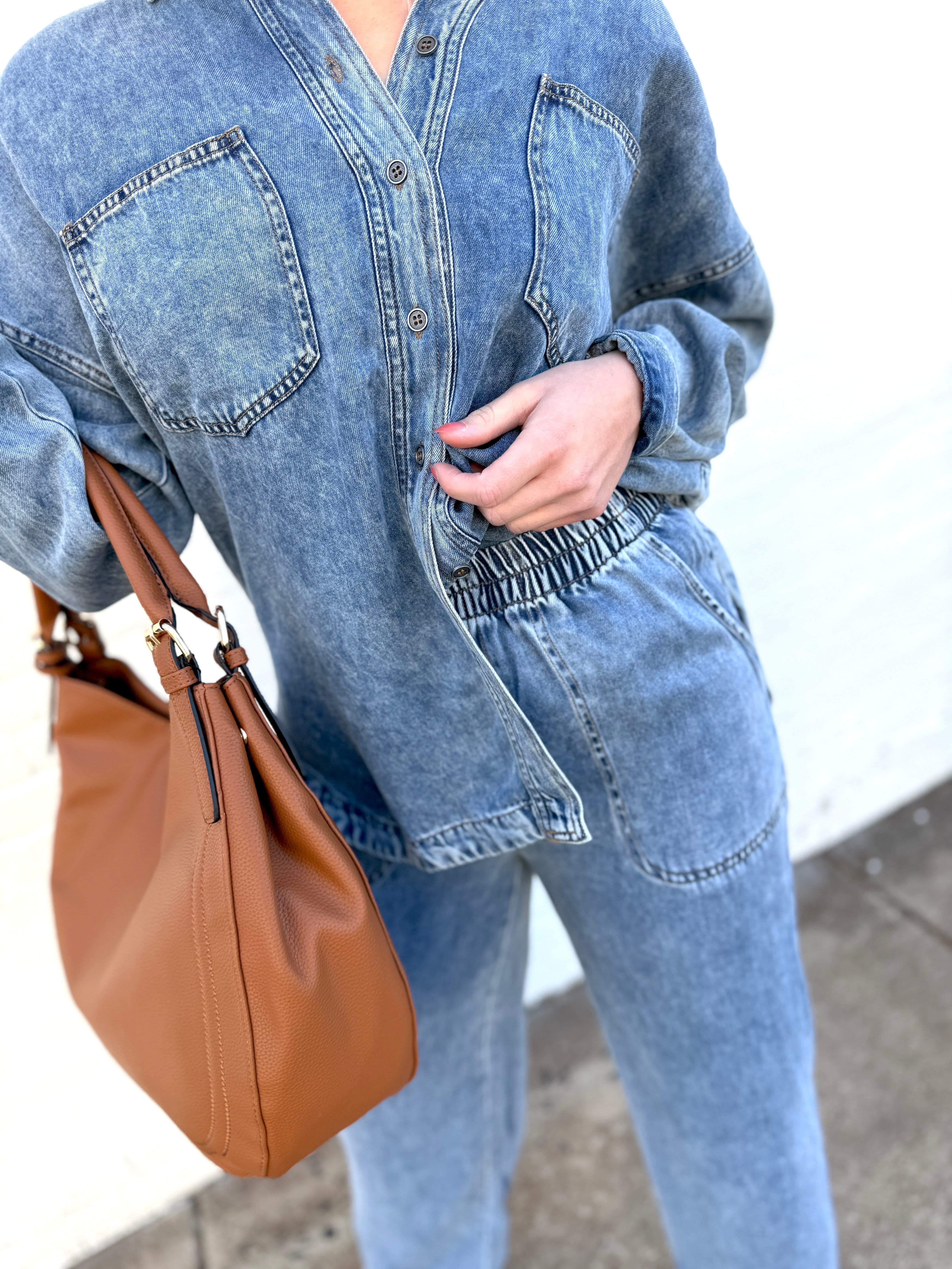 blu pepper Bottoms - Pants Washed Elastic Waist Wide Leg Pants In Chambray