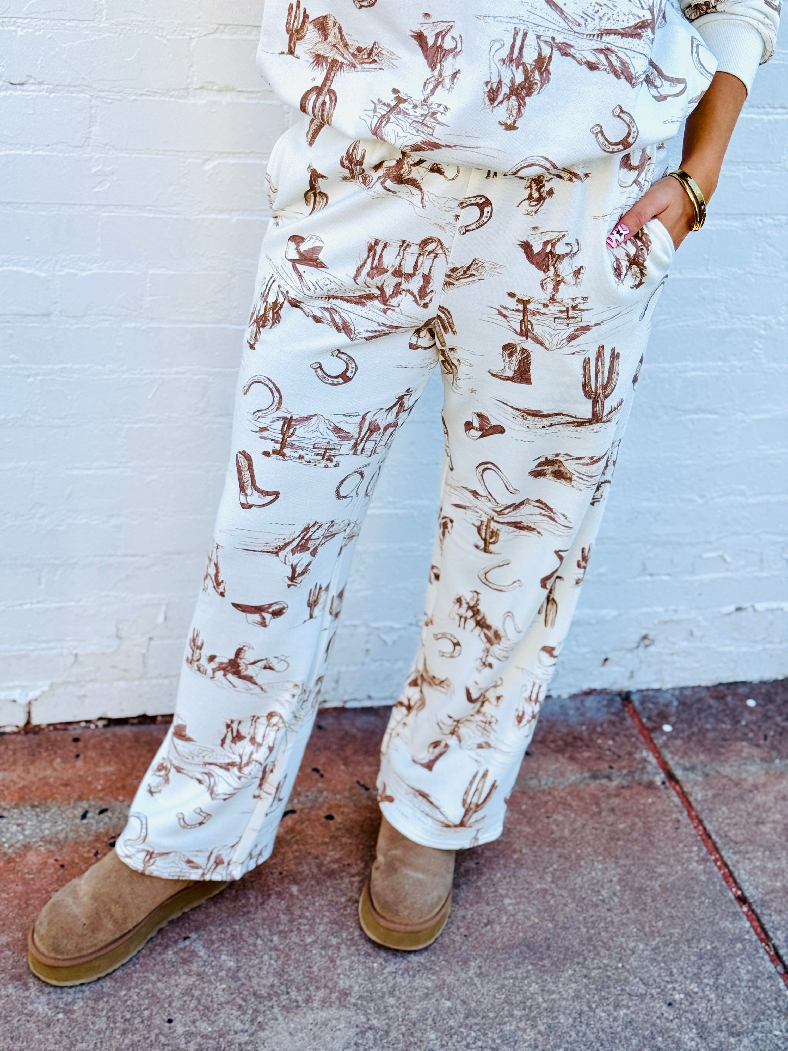 Western Print Sweatpants In Cream - Infinity Raine