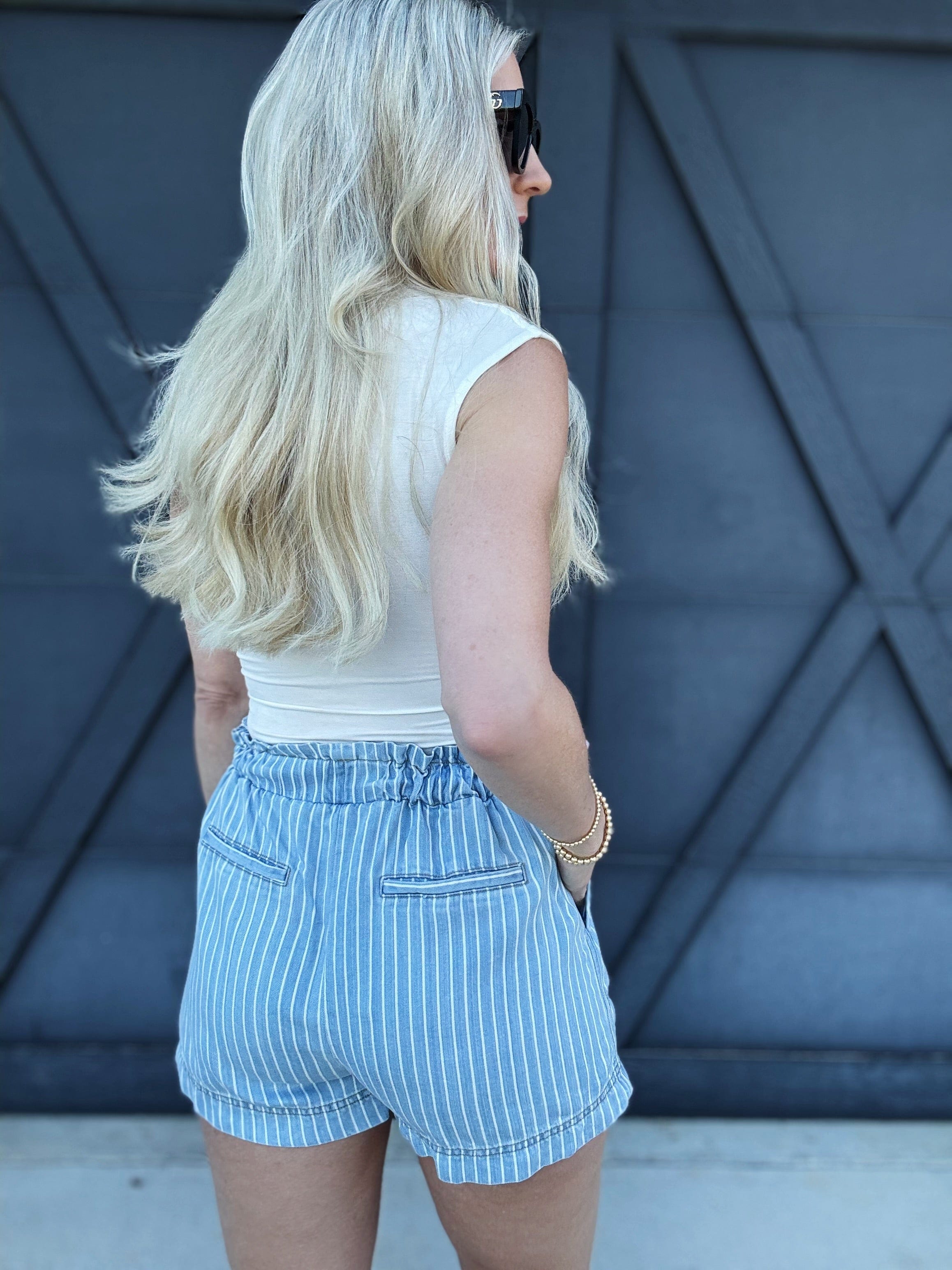 blu pepper Bottoms - Shorts Pinstripe Ruched Waist Shorts In Chambray