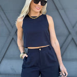 Pleated Linen Shorts In Navy - Infinity Raine