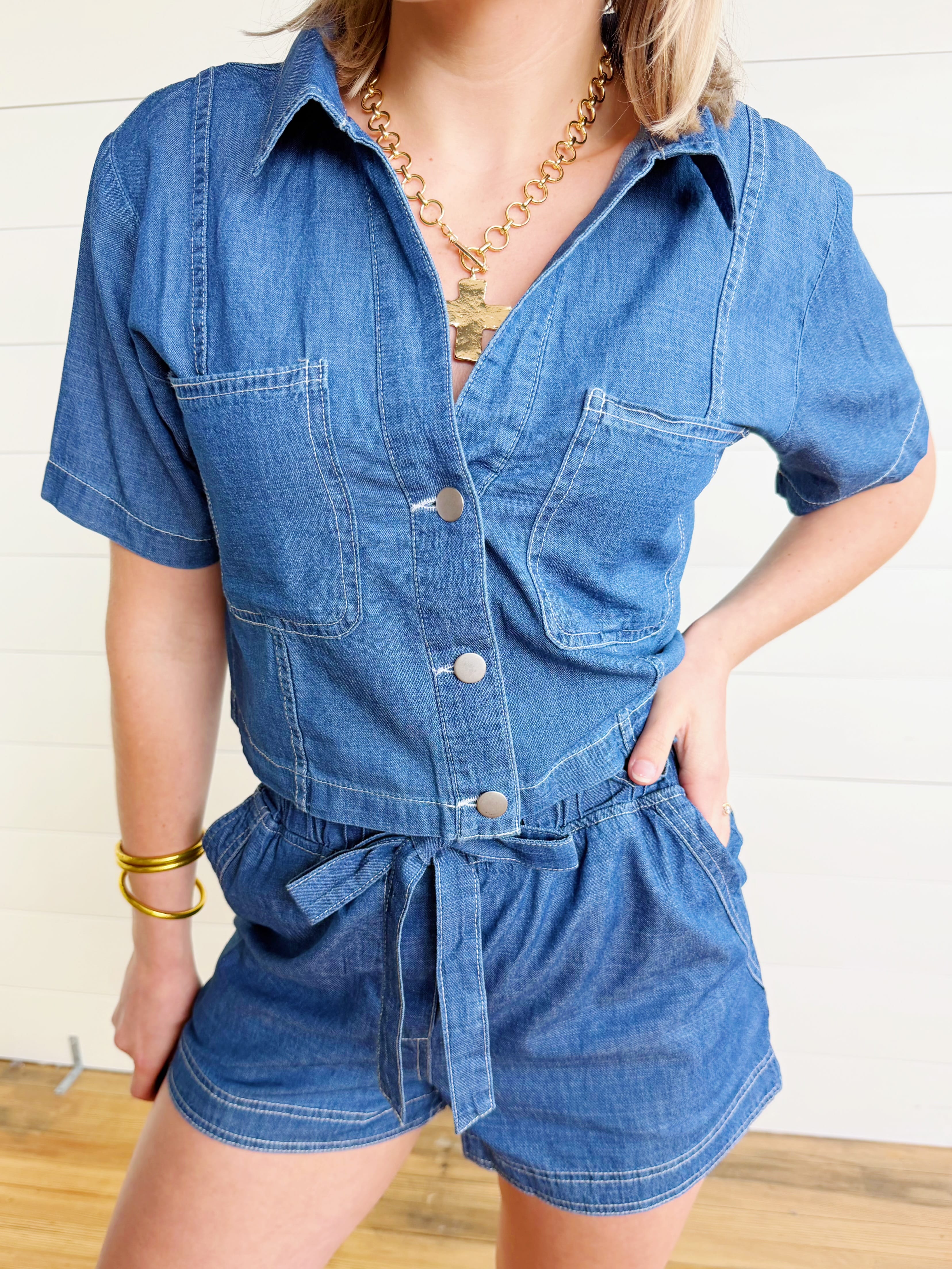 Ruffle Waist Front Tie Denim Shorts In Dark - Infinity Raine