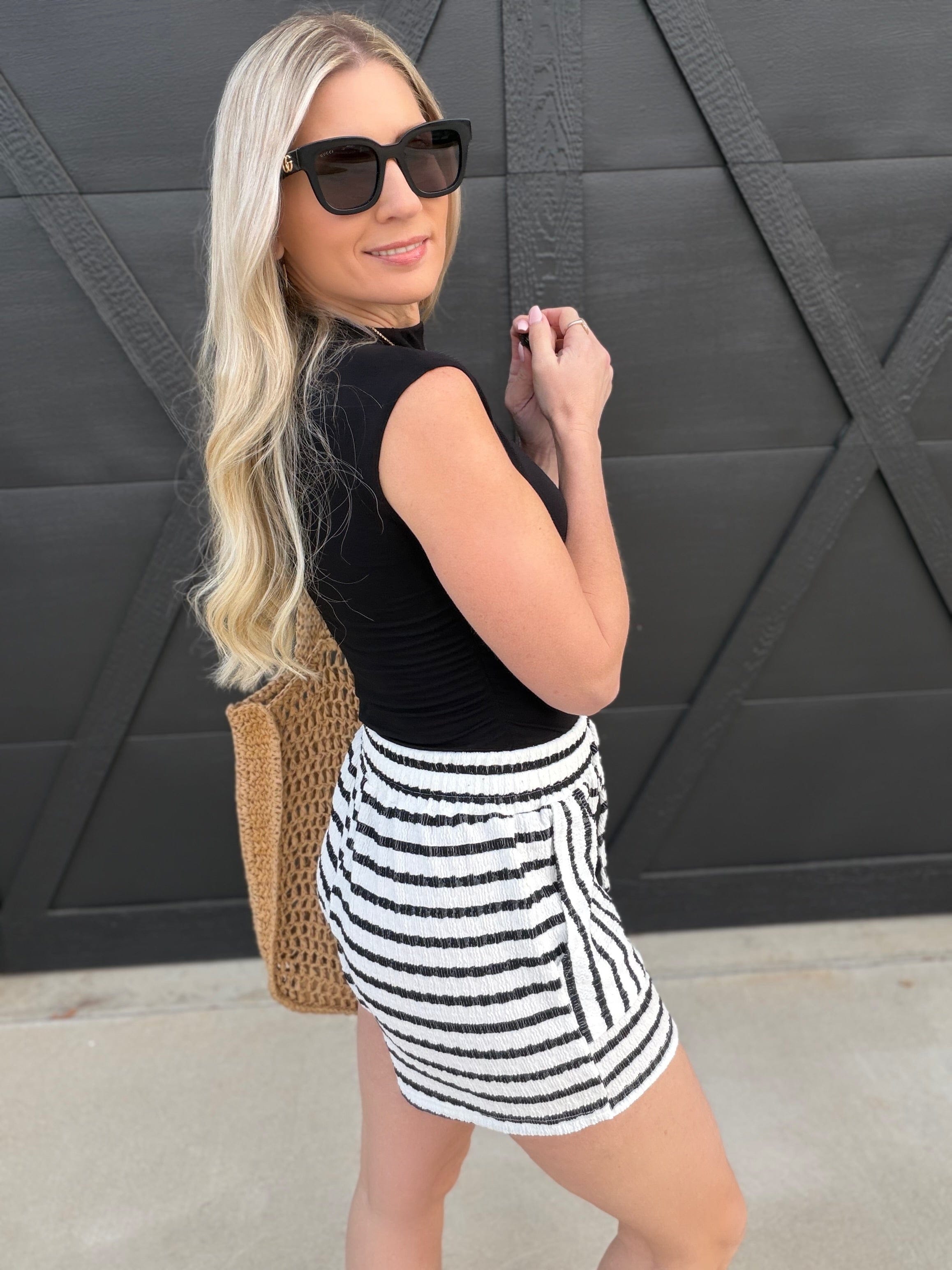 blu pepper Bottoms - Shorts Stripe Drawstring Scrunch Knit Shorts In Black