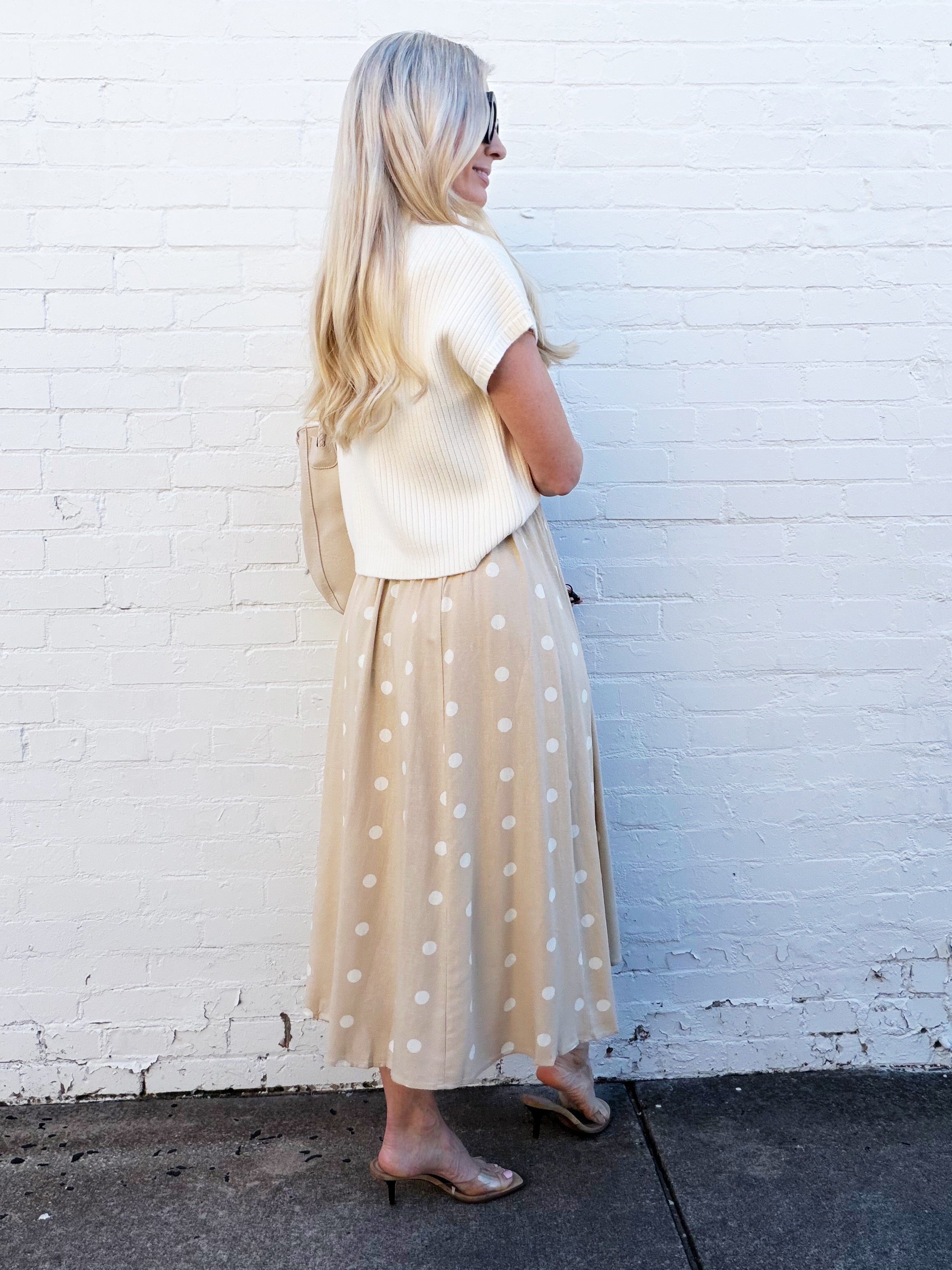 blu pepper Bottoms - Skirts Polka Dot Button Down Midi Skirt In Khaki