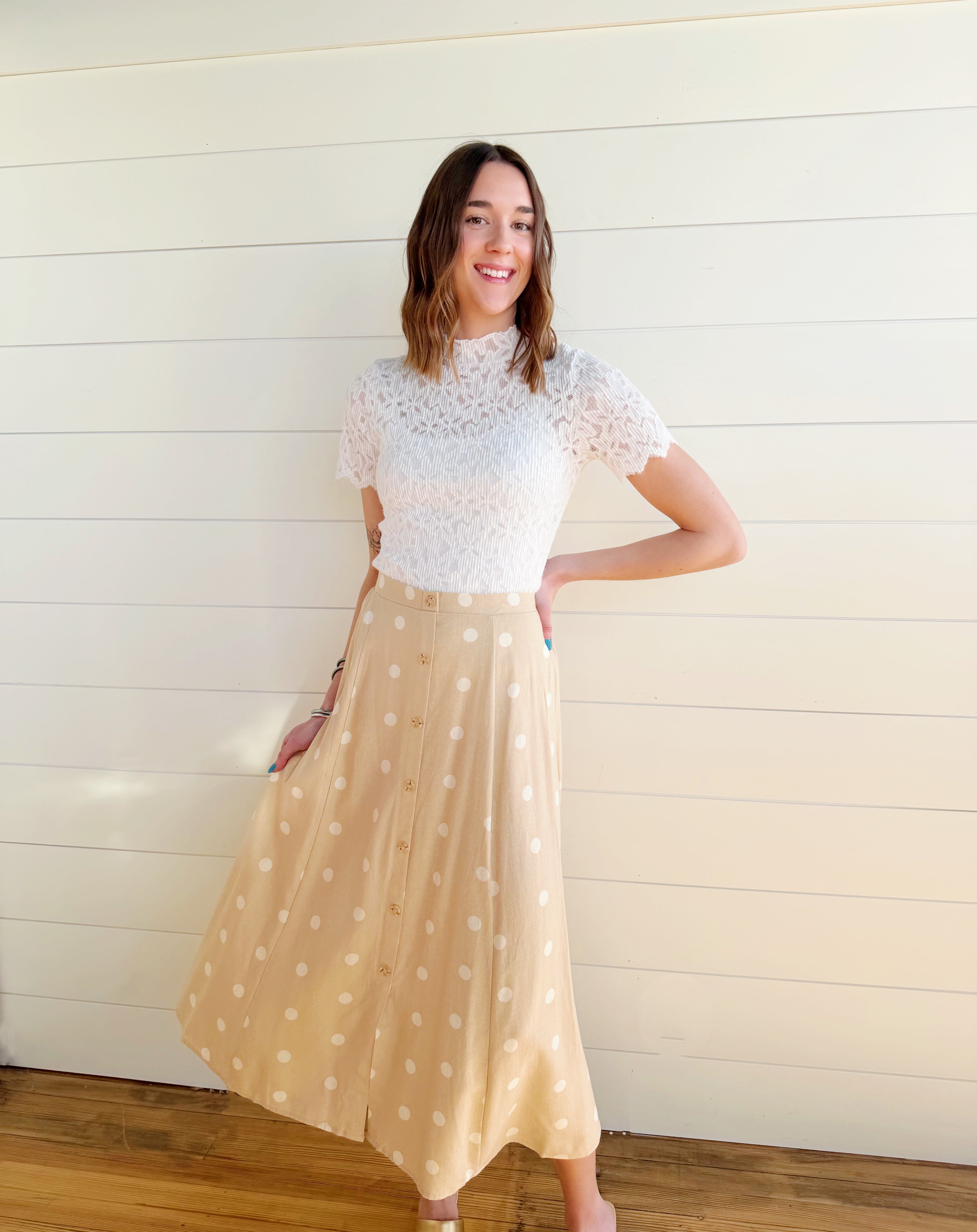 blu pepper Bottoms - Skirts Polka Dot Button Down Midi Skirt In Khaki