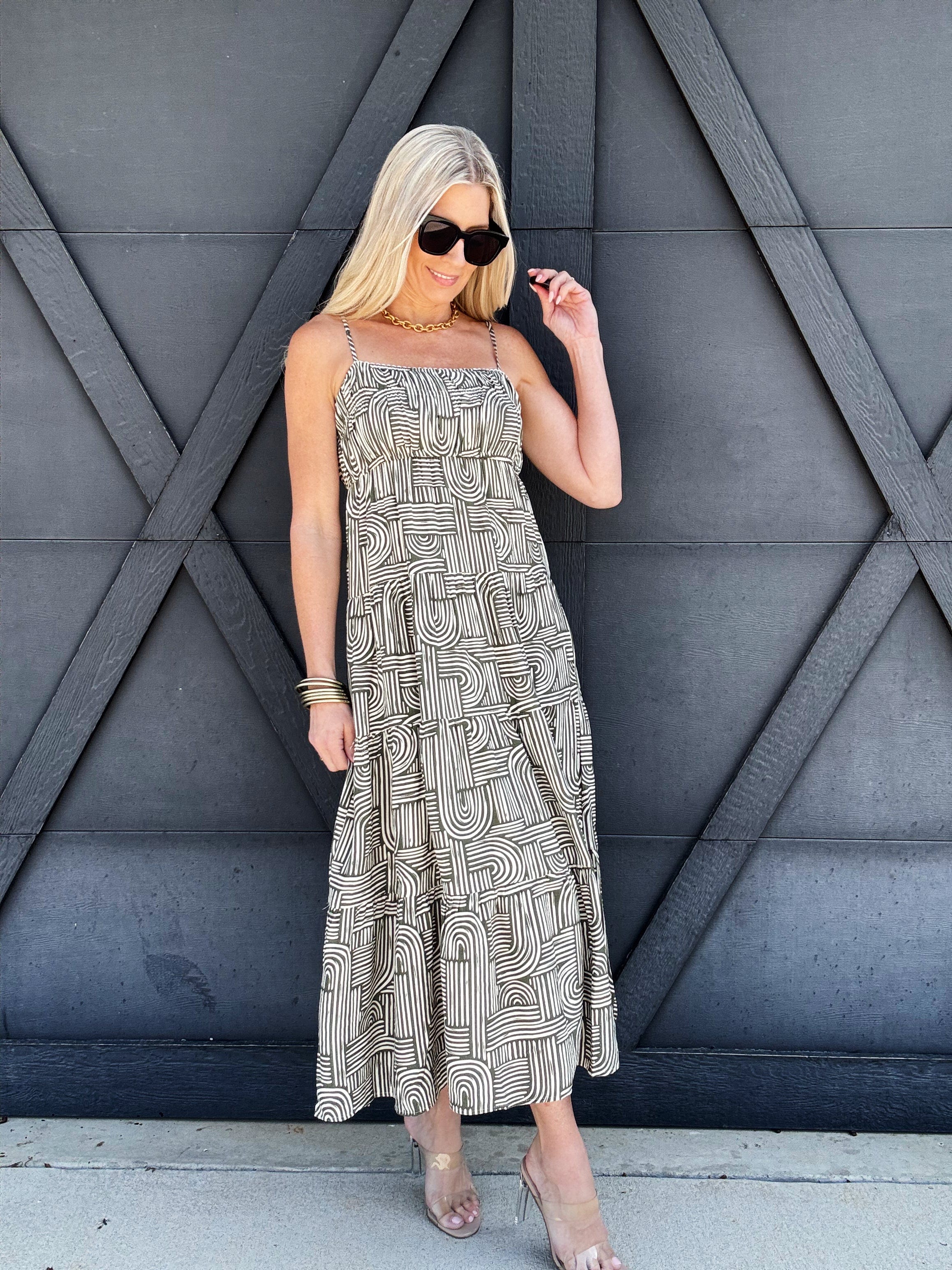Abstract Empire Midi Dress In Olive - Infinity Raine
