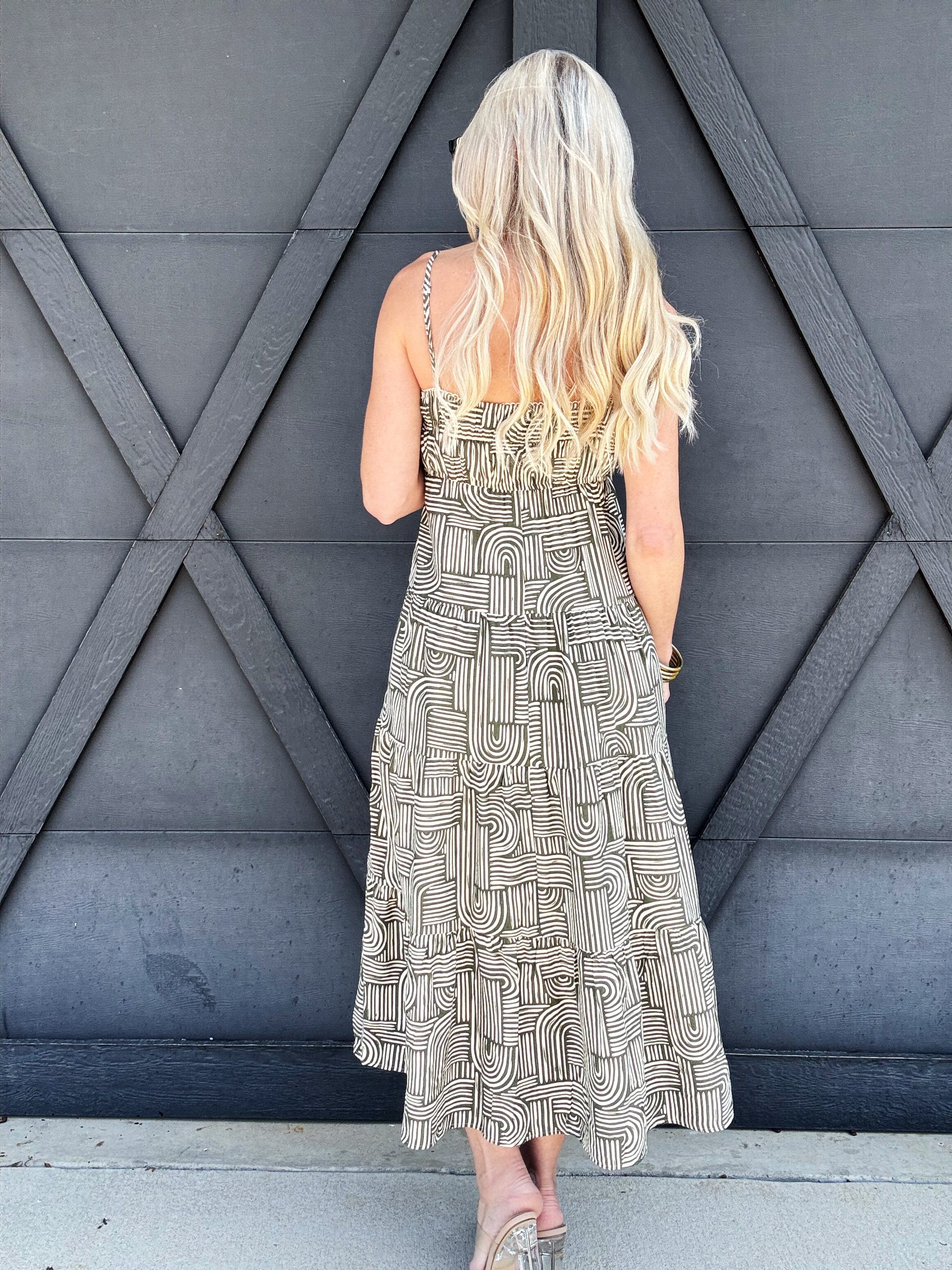 Abstract Empire Midi Dress In Olive - Infinity Raine