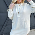 Collared U Hem Sweater Dress-Ivory - Infinity Raine