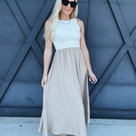 blu pepper Dresses Contrast Trim Mixed Media Midi Dress In Khaki