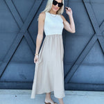 blu pepper Dresses Contrast Trim Mixed Media Midi Dress In Khaki