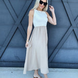 blu pepper Dresses Contrast Trim Mixed Media Midi Dress In Khaki