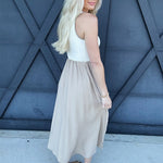 blu pepper Dresses Contrast Trim Mixed Media Midi Dress In Khaki