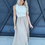 blu pepper Dresses Contrast Trim Mixed Media Midi Dress In Khaki