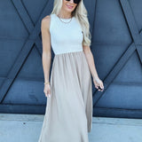 blu pepper Dresses Contrast Trim Mixed Media Midi Dress In Khaki