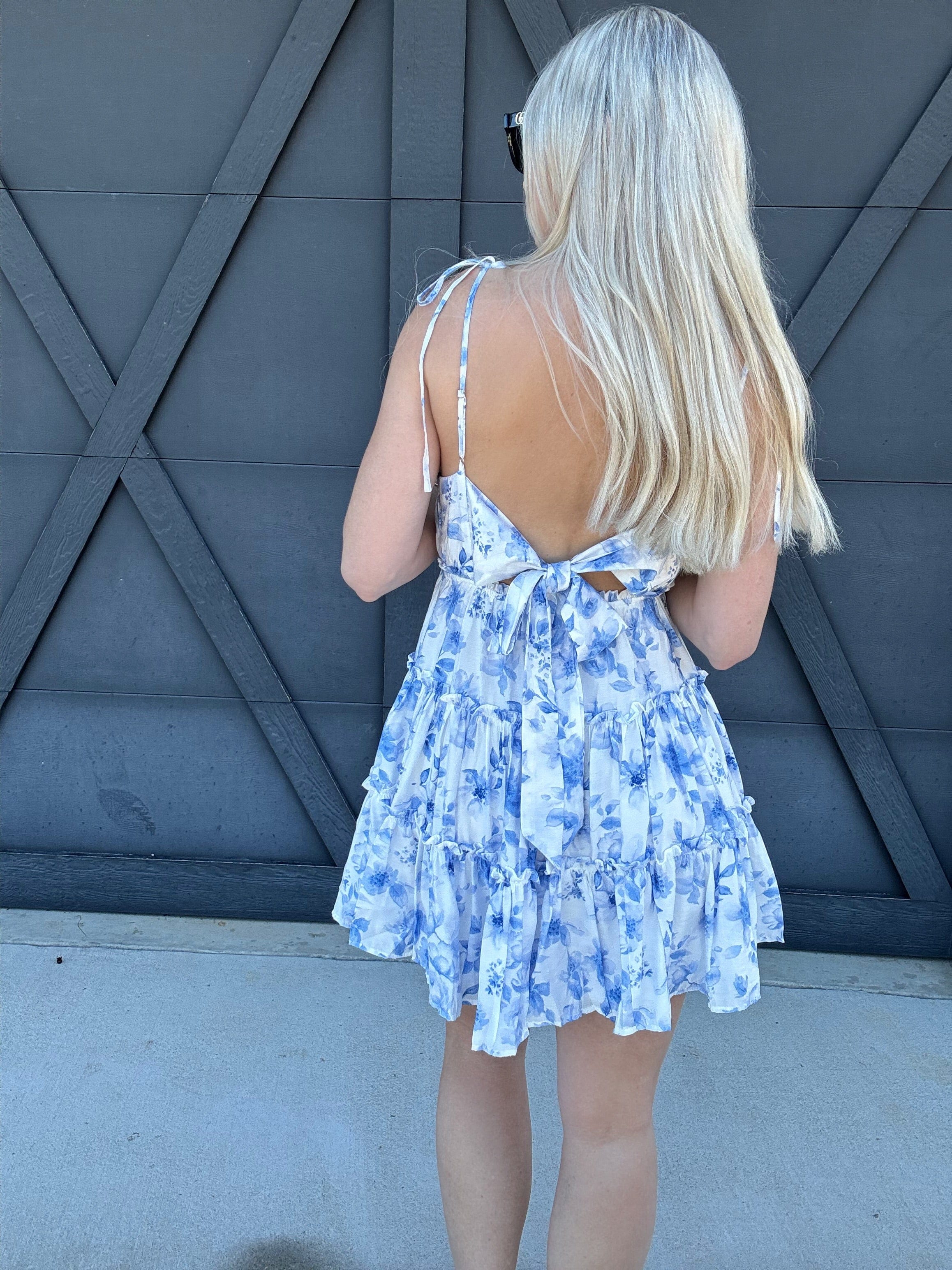 blu pepper Dresses Floral Back Tie Tiered Mini Dress In Blue