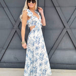 Floral Ruffle Cutout Maxi Dress In Blue - Infinity Raine